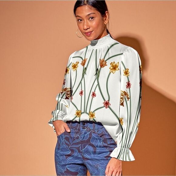 Tucker Tops - Tucker Stella Top Art Nouveau in Ecru Stretch Charmeuse Silk Blouse Mock Neck